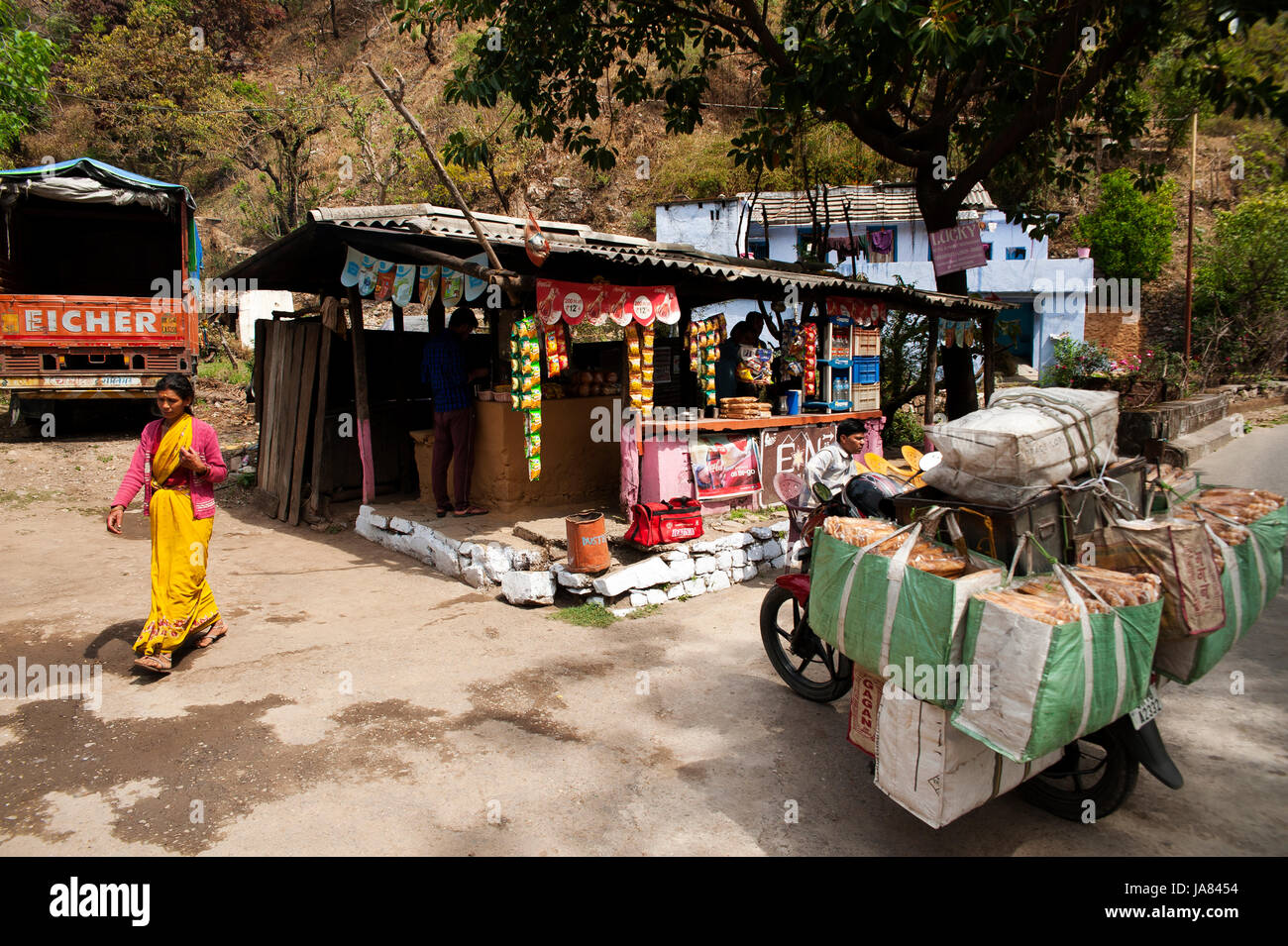 Stall selling beverages and groceries at rural Uttarakhand, India Stock