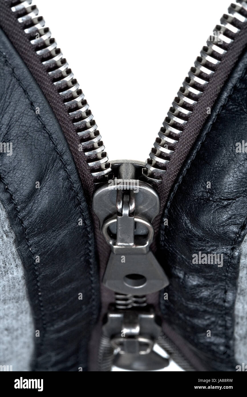 metal double zipper lock in unzip wool jacket. close-up Stock