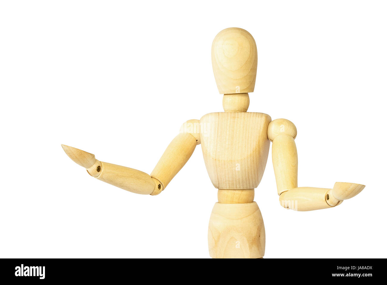 Wooden puppet show both arm ( explaining something ) . Isolated background . Stock Photo