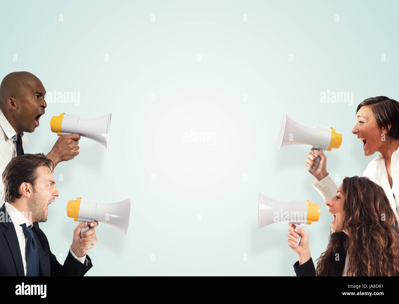 Stress concept with screaming businesspeople. men versus women Stock Photo