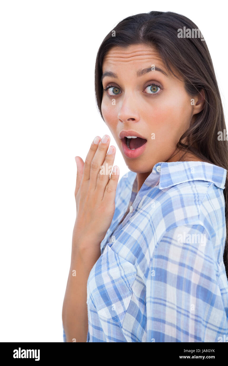 Shocked woman with open mouth on white background Stock Photo Alamy