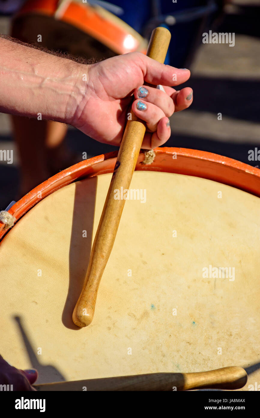 Drums being played during samba performance at Rio de Janeiro carnival Stock Photo