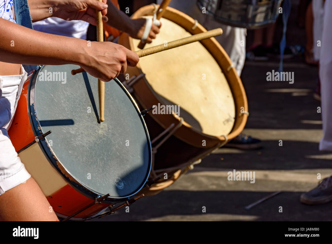 Drums being played during samba performance at Rio de Janeiro carnival Stock Photo