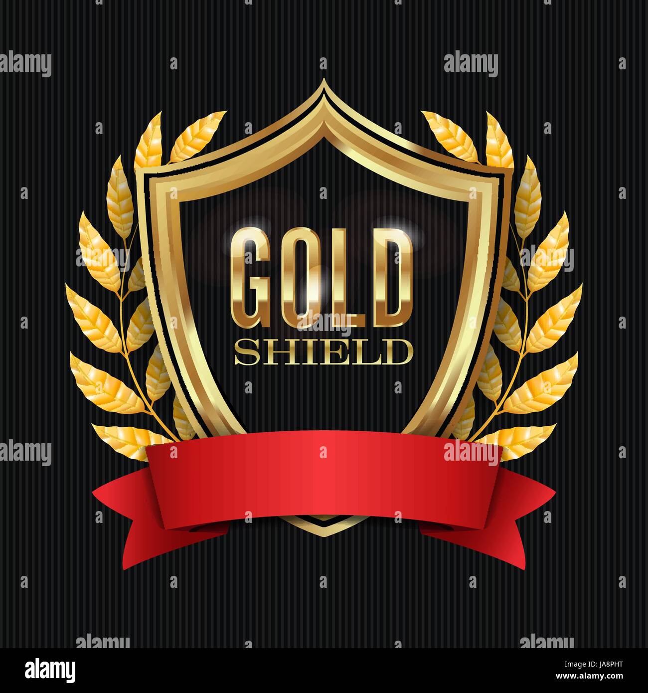 Golden Shield With Laurel Wreath And Red Ribbon. Vector Illustration ...