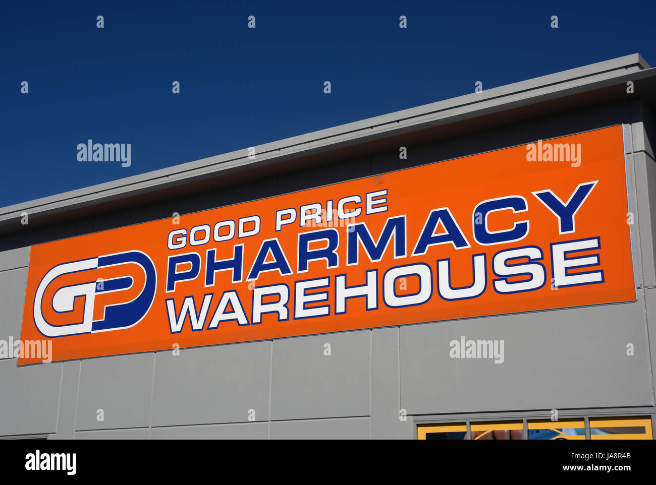 Rothwell, Redcliffe, Australia: Sign on the facade of Good Price Pharmacy Warehouse retail store Stock Photo