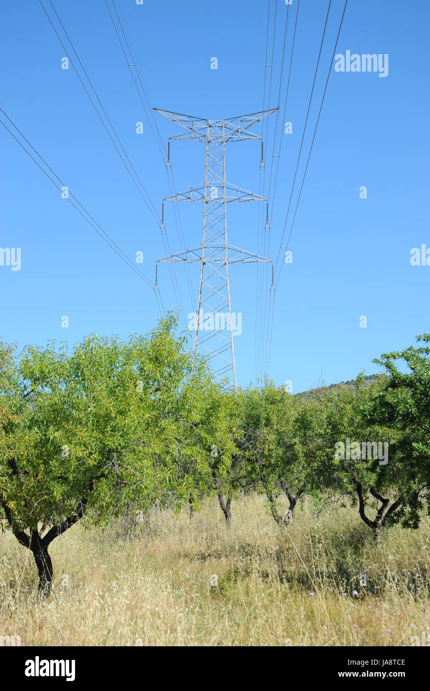 blue, high tension, transmission line, firmament, sky, cable, current