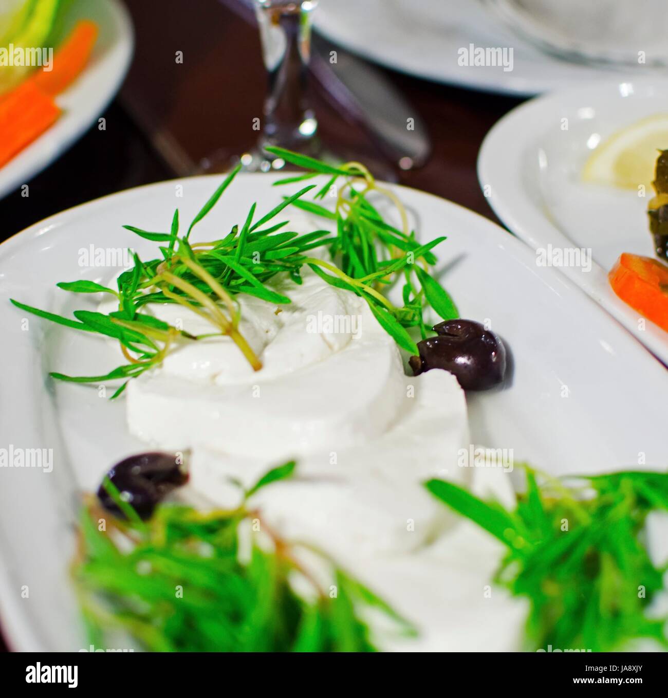 Lebanese food starter, labneh slices topped with thyme and olives. A photo of a very typical dish of Lebanon and Mediterranean cuisine. Stock Photo