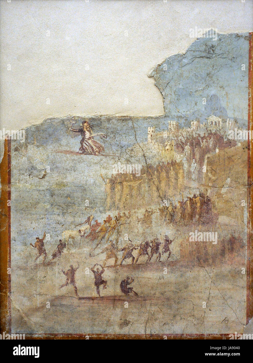 Transporting the wooden horse to the city of Troy. Fresco from House IX, Pompeii. Italy. National Archaeological Museum. Naples. Italy. Stock Photo