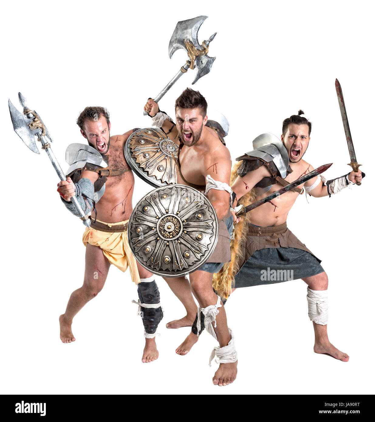 Ancient warriors or Gladiators isolated in a white background Stock Photo