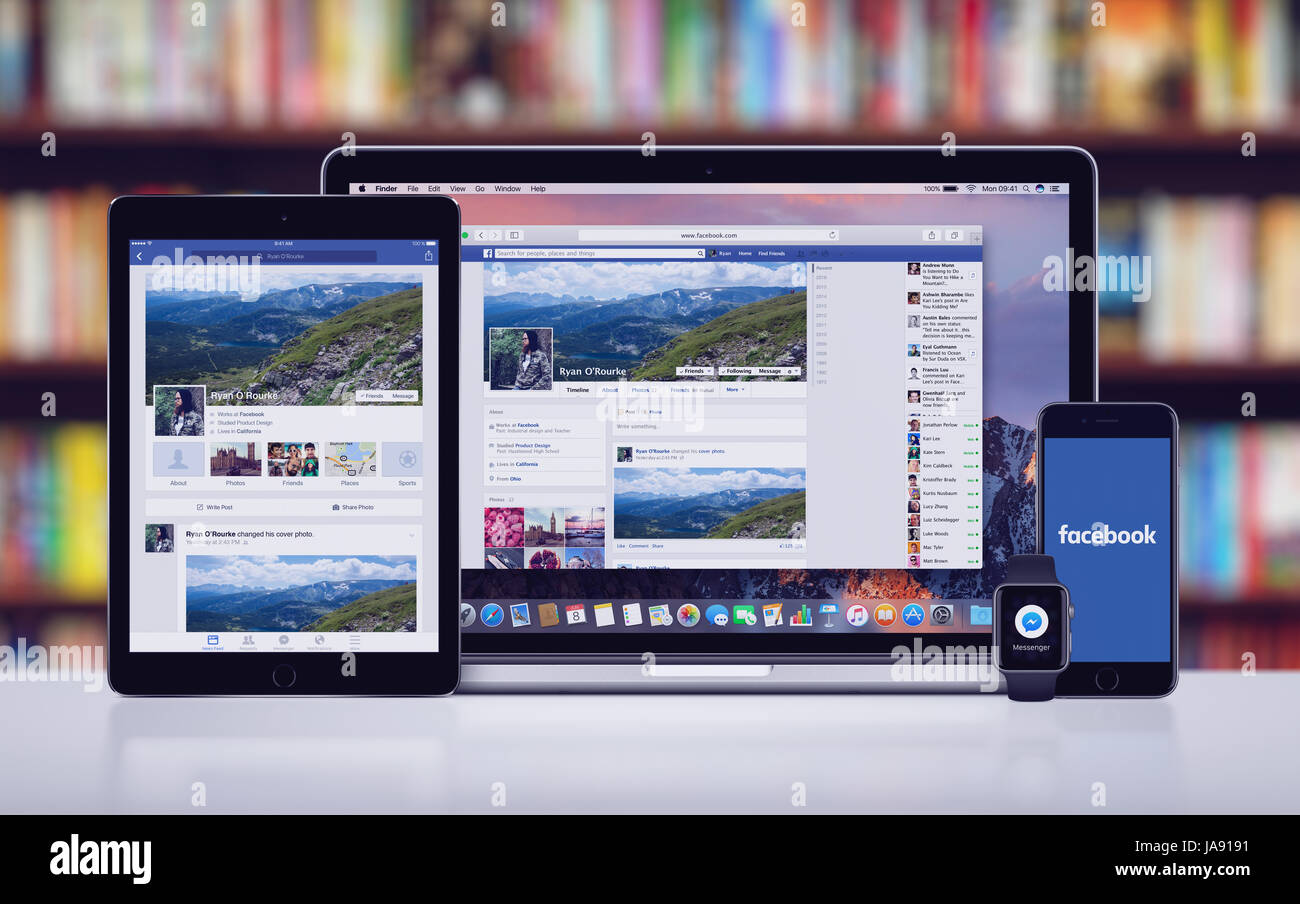 Facebook on the Apple iPhone 7 iPad Pro Apple Watch and Macbook Pro Stock Photo