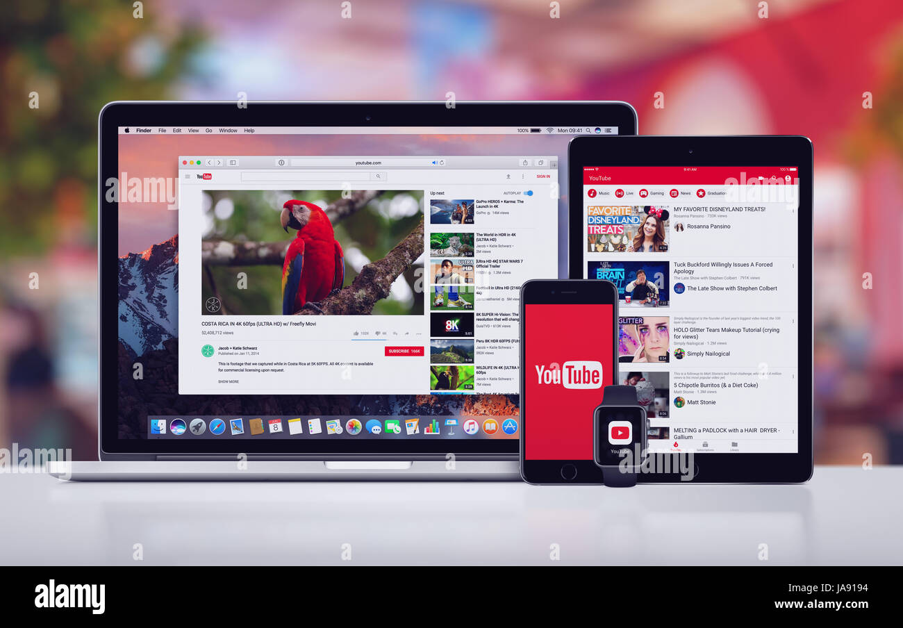 YouTube on the Apple iPhone 7 iPad Pro Apple Watch and Macbook Pro Stock Photo