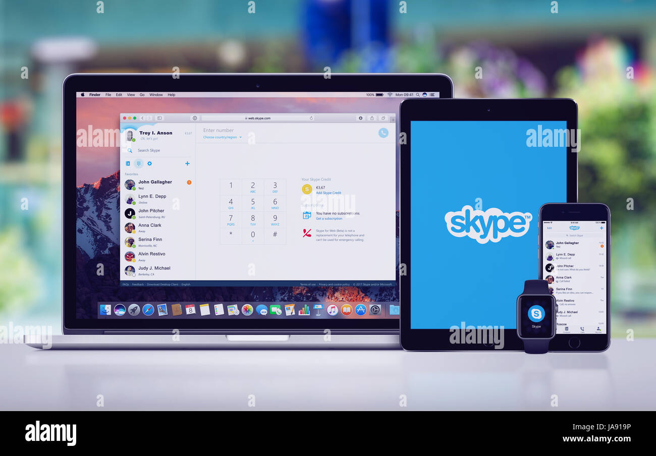 Skype on the Apple iPhone 7 iPad Pro Apple Watch and Macbook Pro Stock Photo