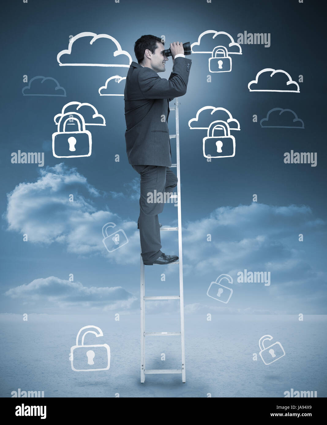 Businessman standing on ladder with drawings of clouds on the ...