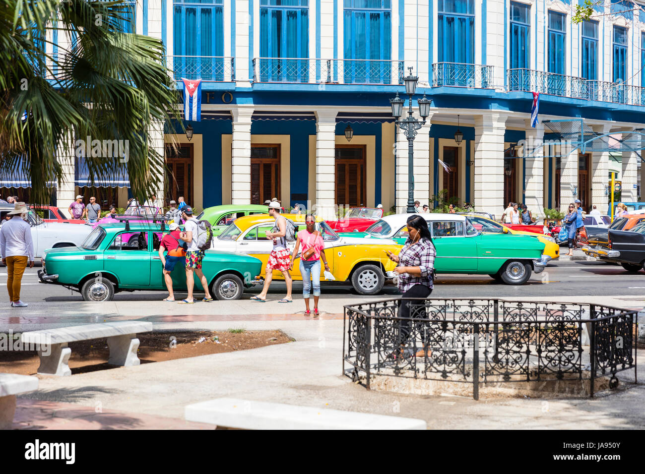 Parque central, People on streets of Havana, Locals, tourists, Havana, Cuba, Cuban street, Havana street, old cars, tourism, Stock Photo