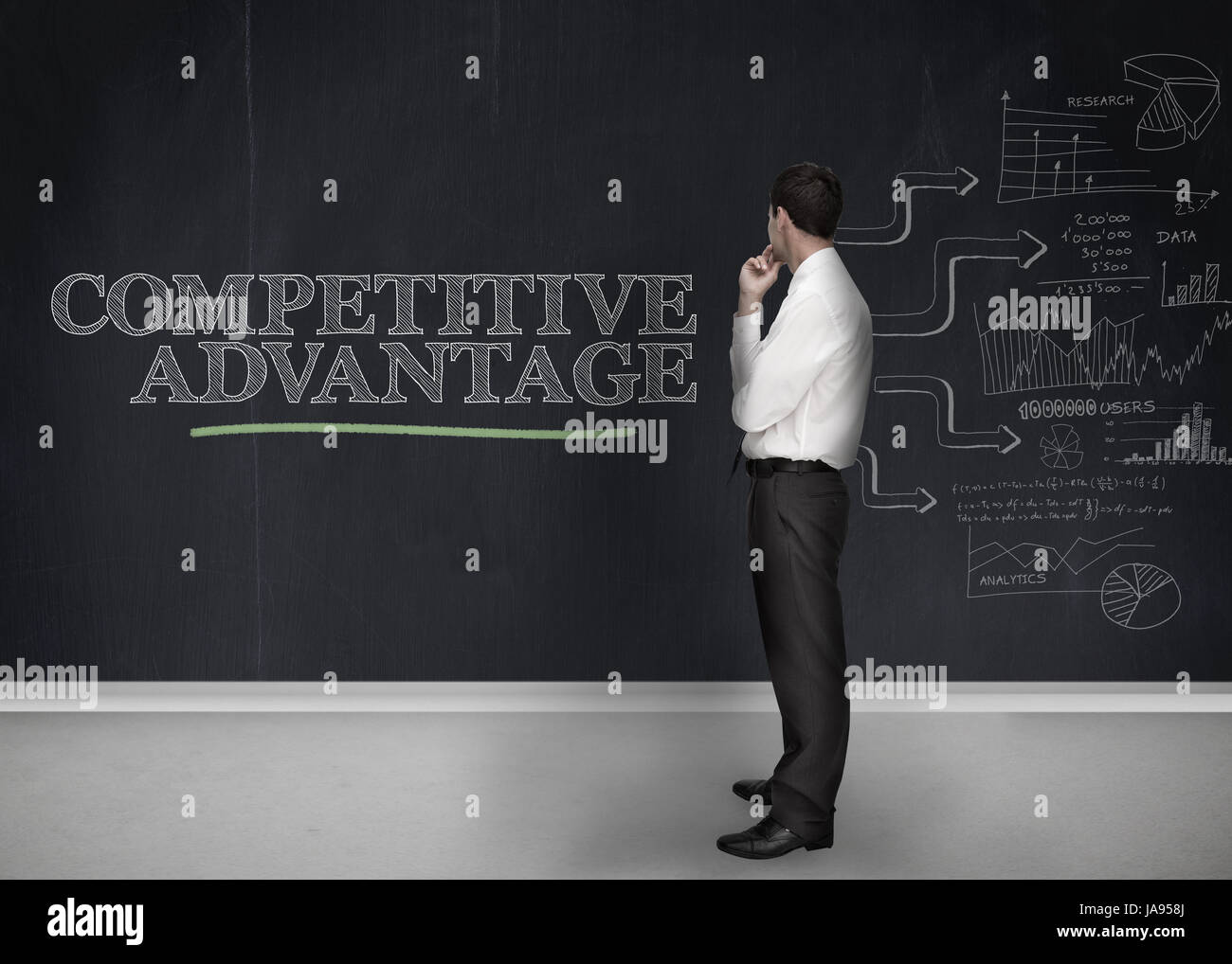 Businessman standing in front of a blackboard with the word competitive