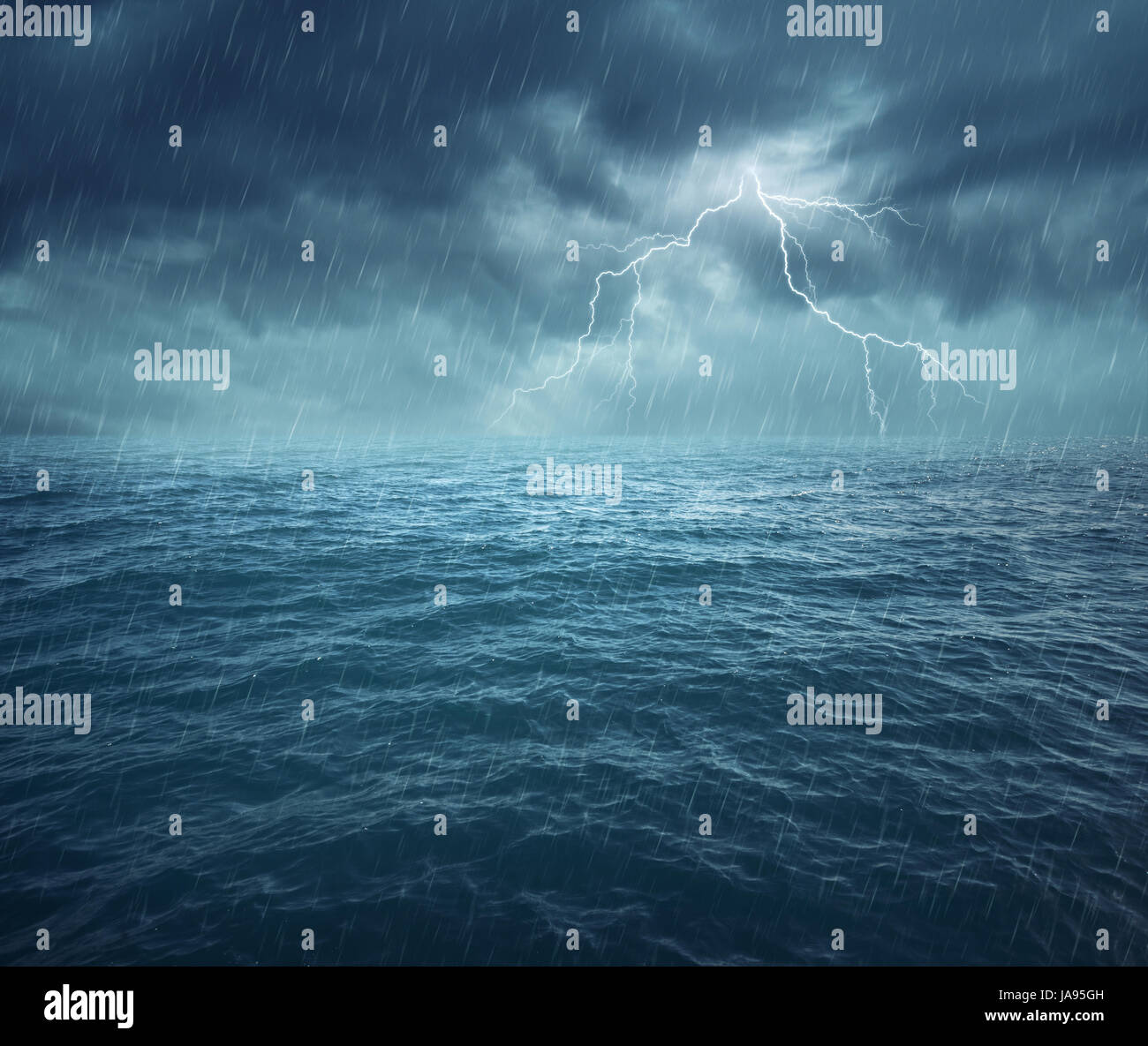 Image of night stormy sea with big waves and lightning Stock Photo