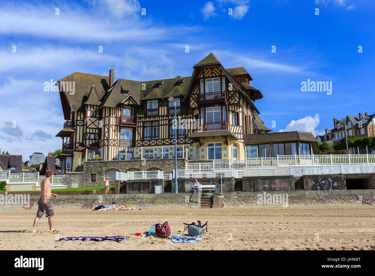 France, Calvados, Villers sur Mer, villas waterfront and beach Stock Photo