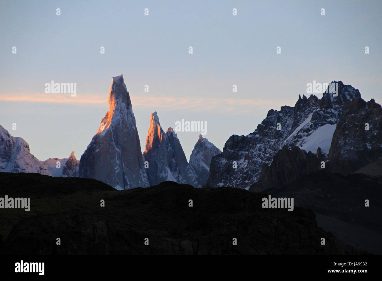 Cerro Torre mountainline at sunset, Patagonia, Argentina Stock Photo