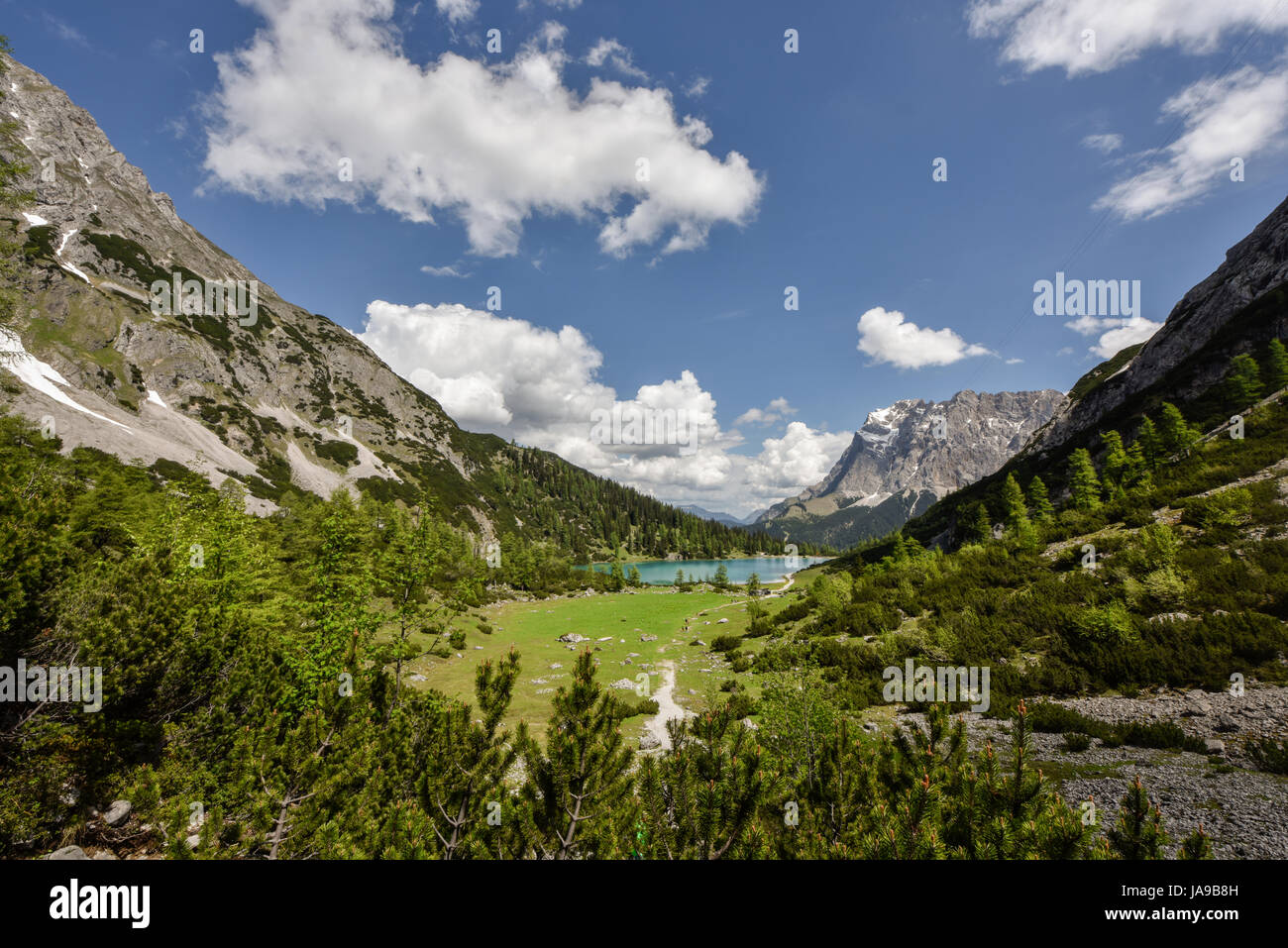 Zugspitze mountain and lake Seebensee. View from Coburger hut, Ehrwald ...