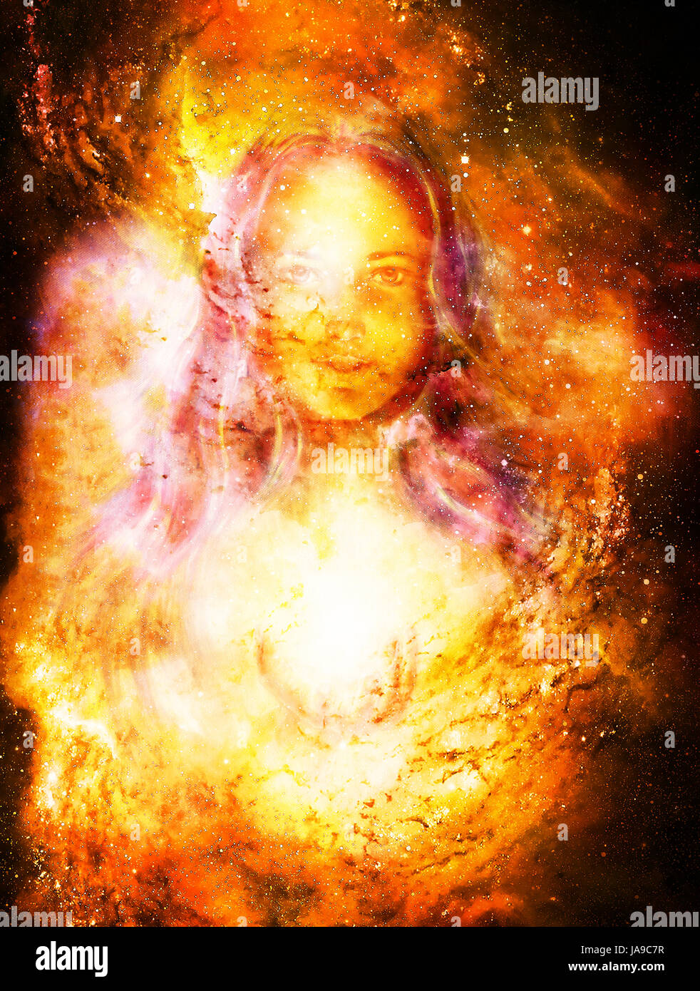 Goddess Woman in Cosmic space. Cosmic Space background. eye contact ...