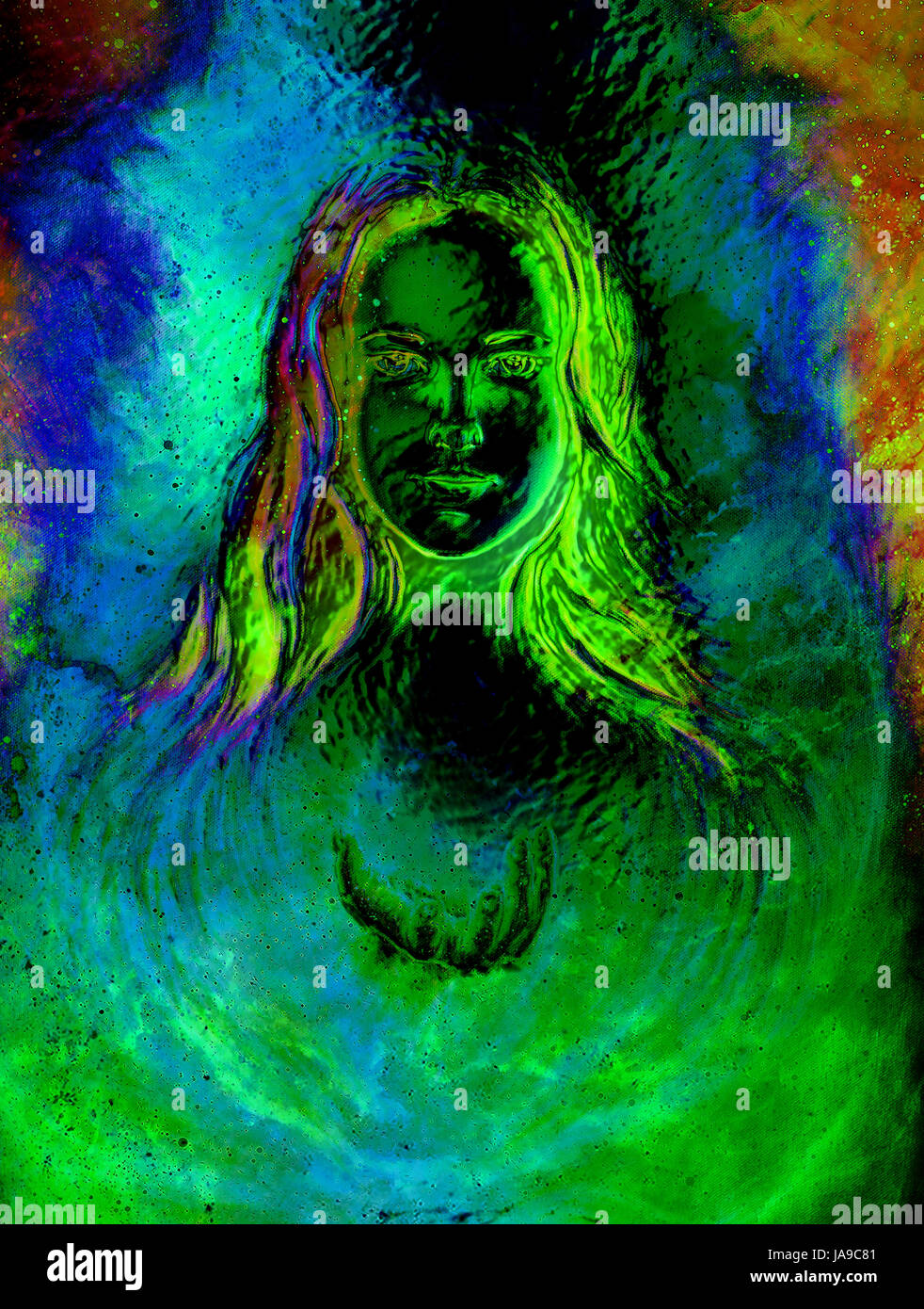 Goddess Woman in Cosmic space. Cosmic Space background. eye contact ...
