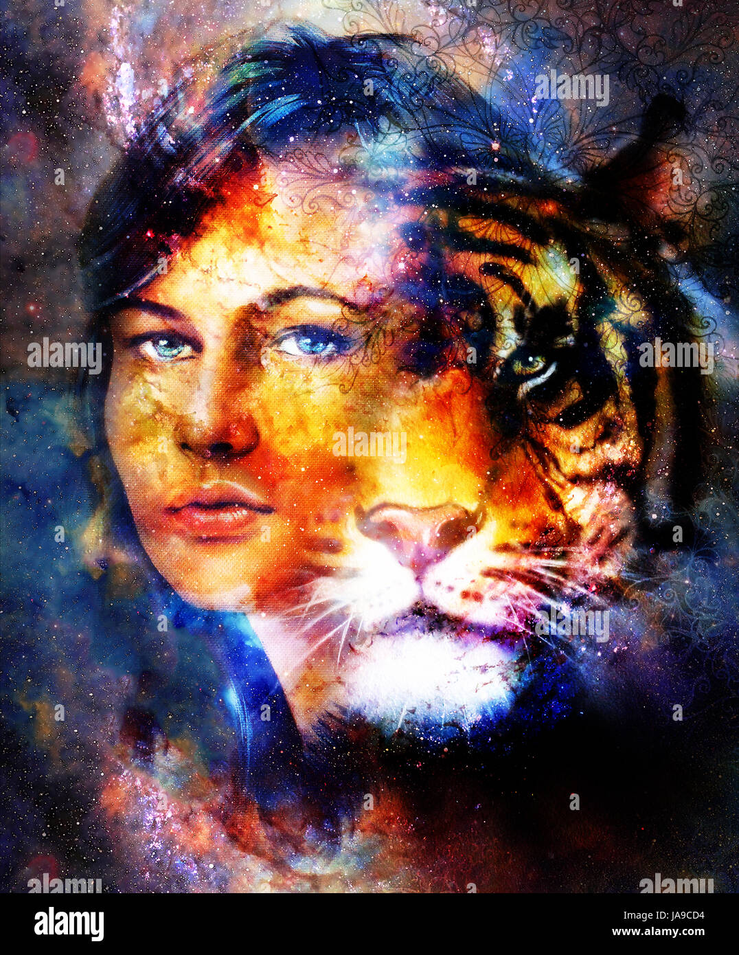 Goodnes woman and tiger and ornament. Cosmic Space background Stock ...
