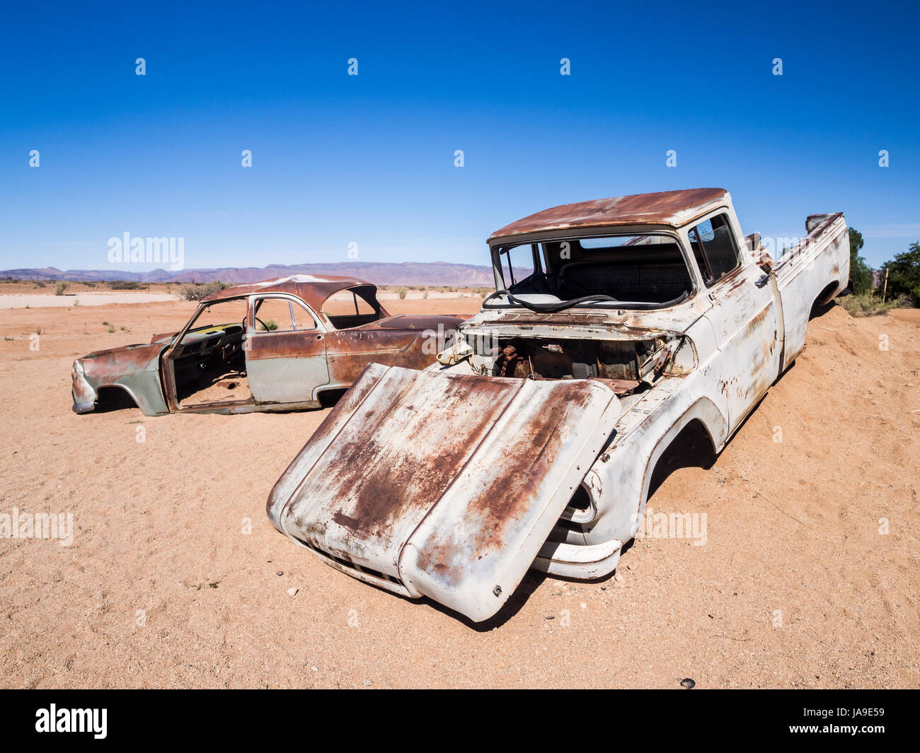 Old car wreck left in Solitaire on the Namib Desert, Namibia Stock ...