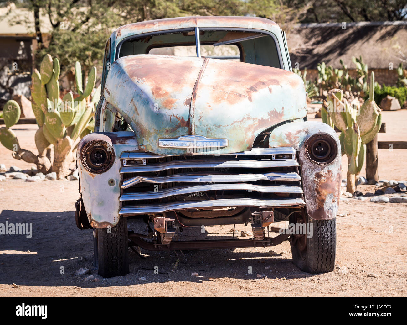 Old car wreck left in Solitaire on the Namib Desert, Namibia Stock ...