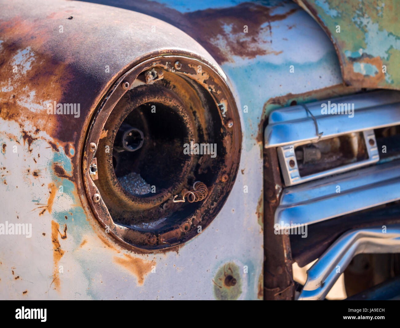 Old car wreck left in Solitaire on the Namib Desert, Namibia. Stock Photo