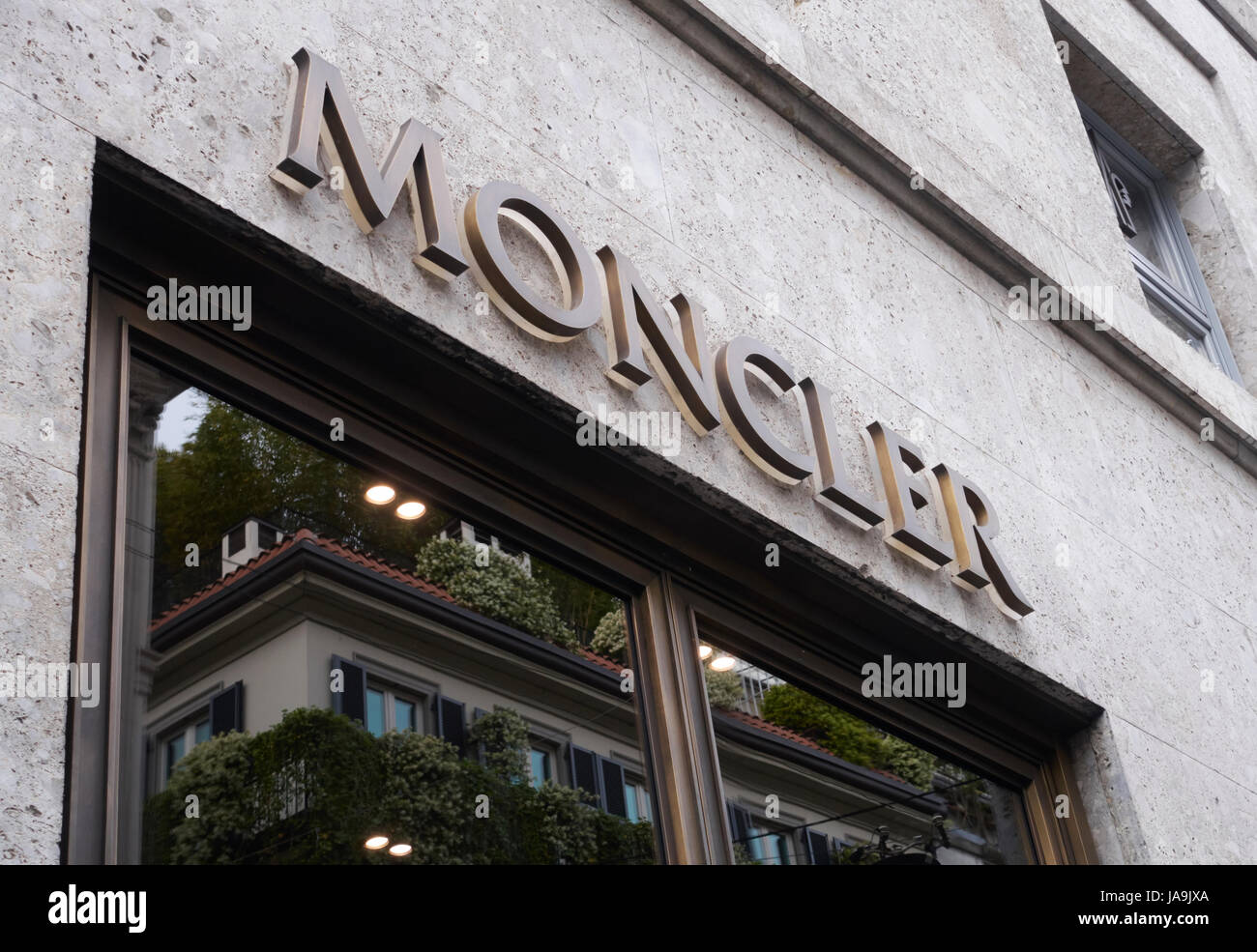 Moncler logo on the facade of the store in via montenapoleone milano, italy  Stock Photo - Alamy