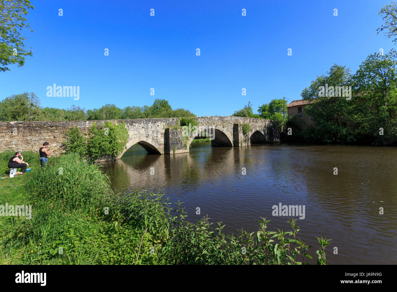 France, Haute Vienne, Saint-Ouen-sur-Gartempe, old bridge and the Gartempe river Stock Photo