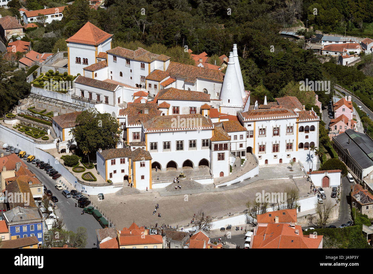 Sintra near Lisbon in Portugal. The Palace of Sintra, the former summer residence of Portuguese Royal family. A UNESCO World Heritage Site. Stock Photo