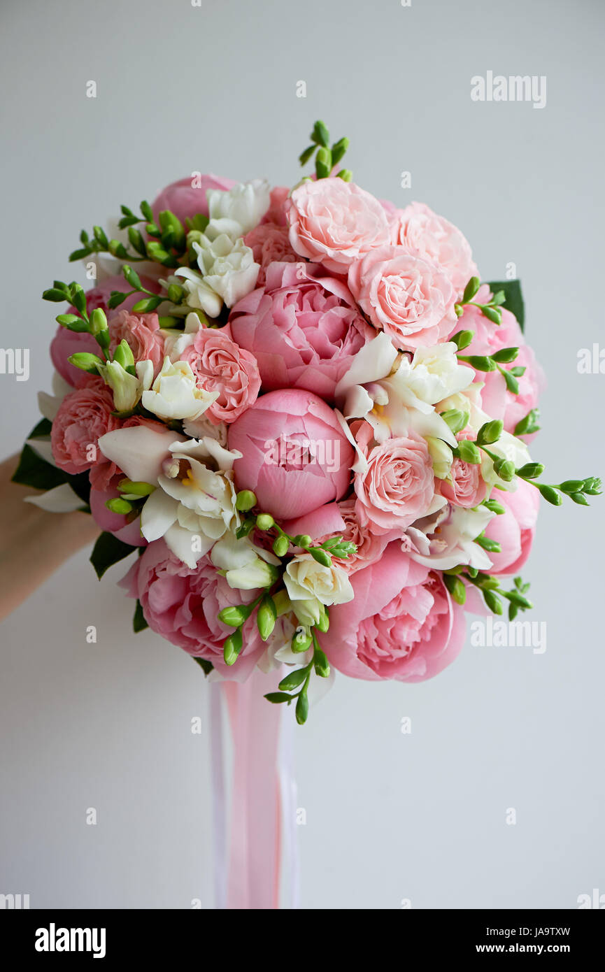 The bride's bouquet of soft pink peonies and white roses . Wedding ...