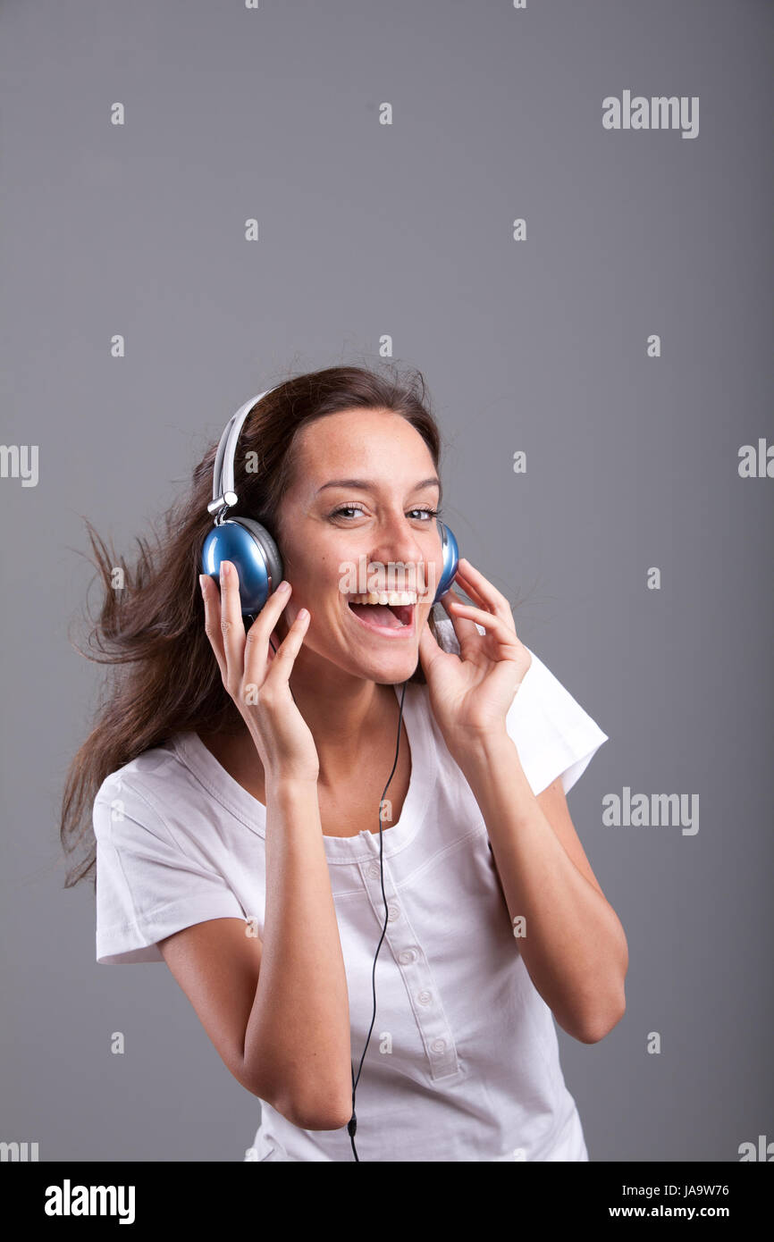 woman, music, eyes, sing, delighted, unambitious, enthusiastic, merry, radiant Stock Photo