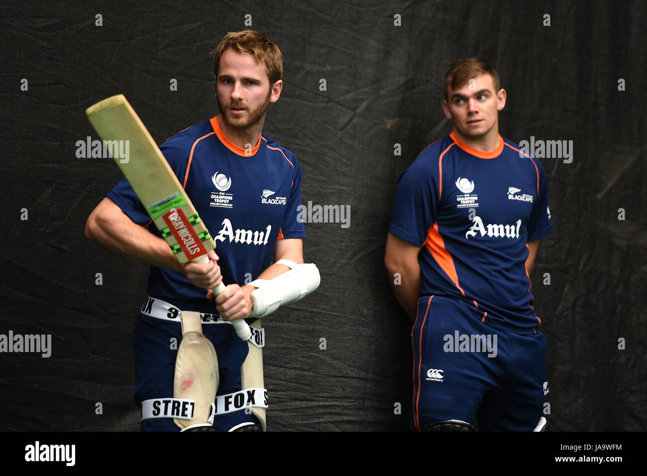 New Zealand captain Kane Williamson (left) and Tom Latham (right) during the nets session at the Cardiff Wales Stadium. Stock Photo