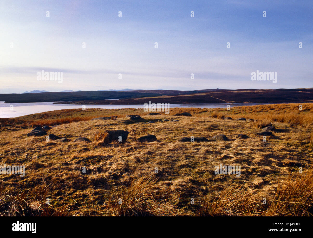 View NW of the remains of a Bronze Age kerb cairn (8) & cremation burial, with Llyn Brenig reservoir to the rear. Brenig Valley Archaeological Trail. Stock Photo