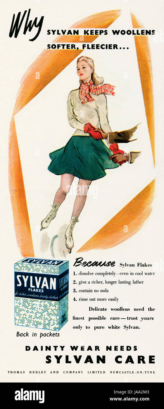 An advert for Sylvan soap flakes. The advert claims that using it will keep woollens softer. The laundry product was made by Thomas Hedley and Co of Newcastle upon Tyne, England, UK. It appeared in a magazine published in the UK in 1948 Stock Photo