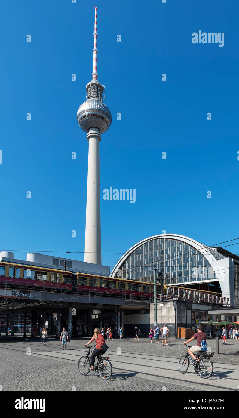 The Fernsehturm (TV Tower) and railway station in Alexanderplatz, Berlin, Germany Stock Photo