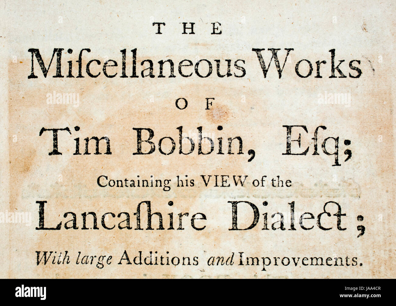 Literature, 1775 title page of Tim Bobbin, Lancashire dialect book by John Collier, line engraving illustration Stock Photo