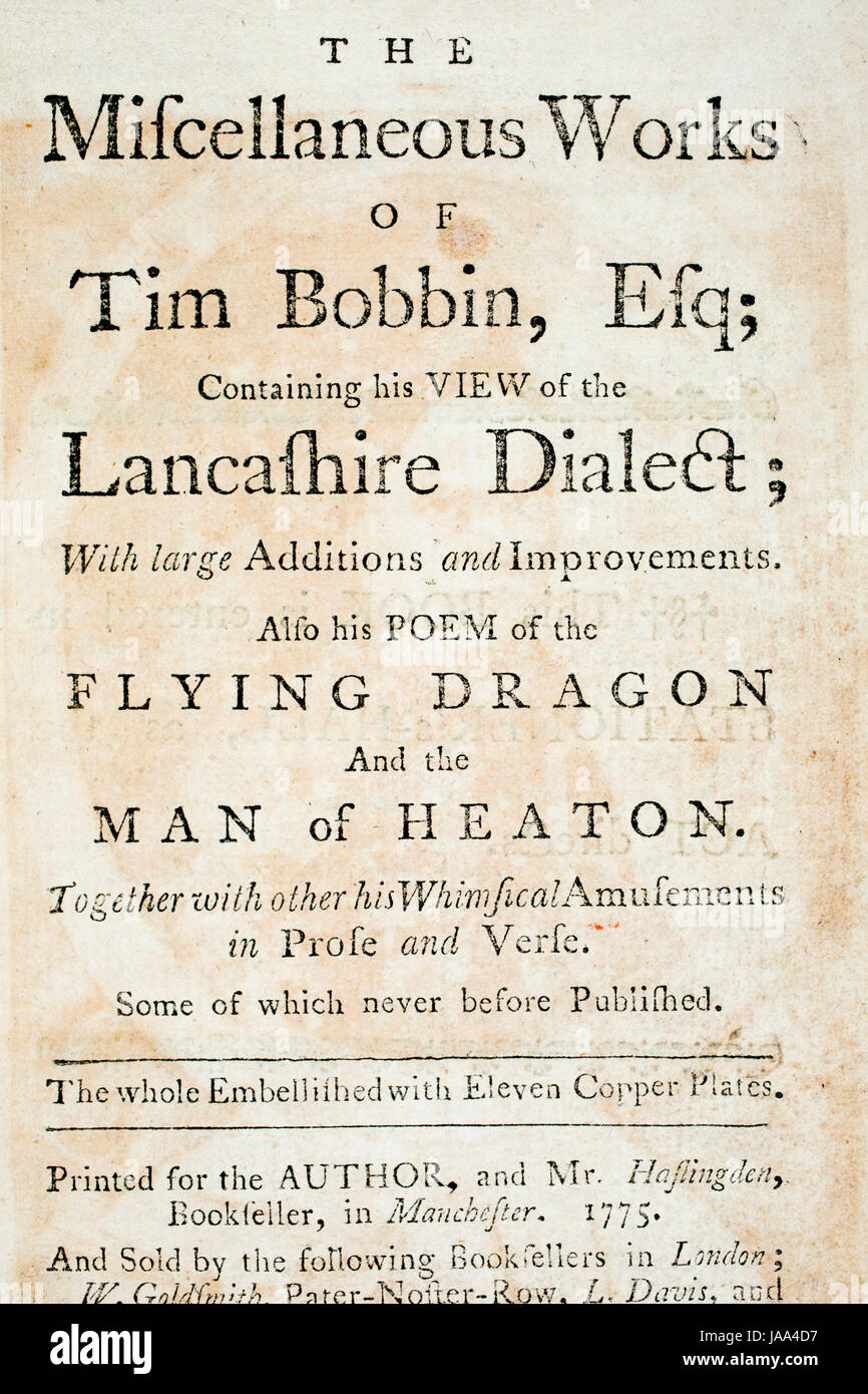 Literature, 1775 title page of Tim Bobbin, Lancashire dialect book by John Collier, line engraving illustration Stock Photo