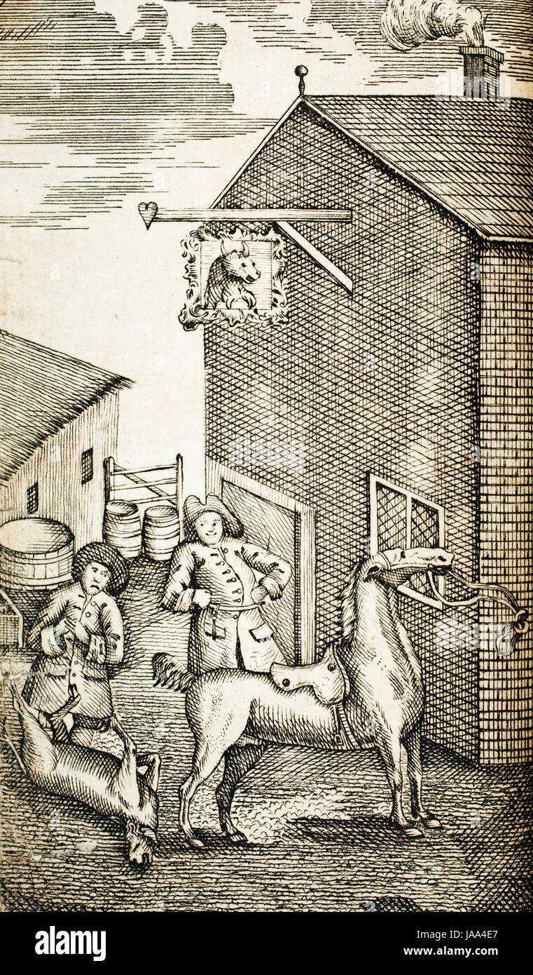 Literature, 1775 Tim Bobbin, Lancashire dialect book line engraving illustration men outside inn with horse Stock Photo