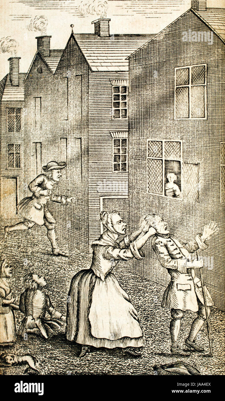 Literature, 1775 Tim Bobbin, Lancashire dialect book line engraving illustration woman scolding man outside houses Stock Photo