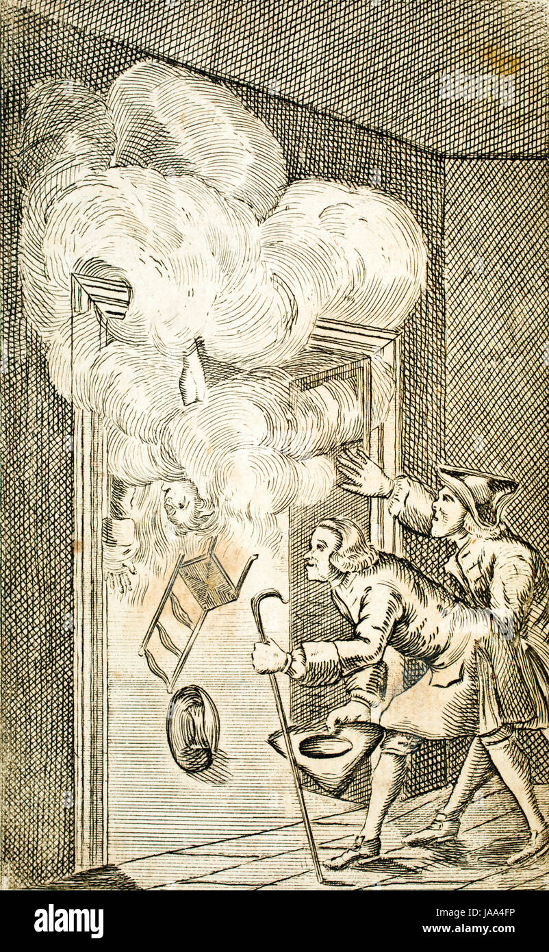 Literature, 1775 Tim Bobbin, Lancashire dialect book line engraving illustration magical incident inside house Stock Photo