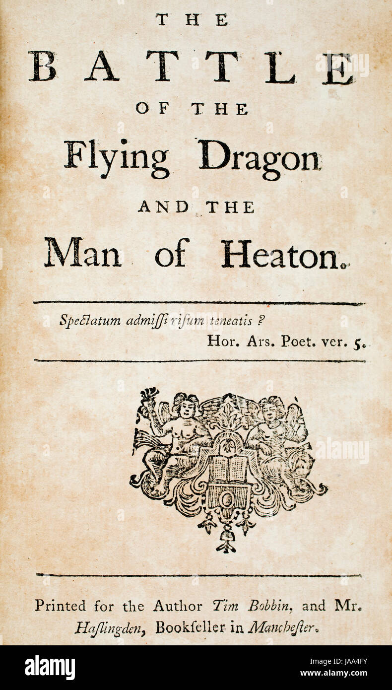 Literature, 1775 title page of Tim Bobbin, The battle of the flying dragon and man of Heaton Lancashire dialect book Stock Photo
