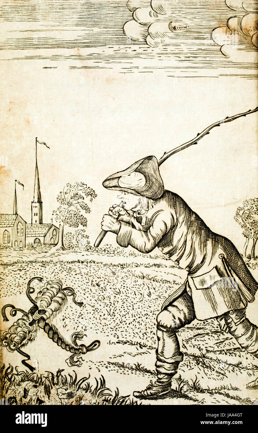Literature, 1775 title page of Tim Bobbin, The battle of the flying dragon and man of Heaton illustration, man chasing flying wig across field Stock Photo