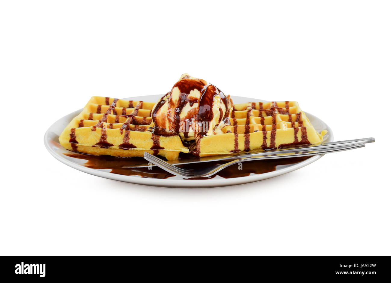 Belgium waffles with chocolate sauce, ice cream isolated on white ...