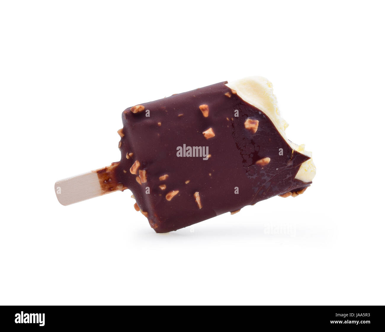 Ice cream covered with chocolate white background. Stock Photo