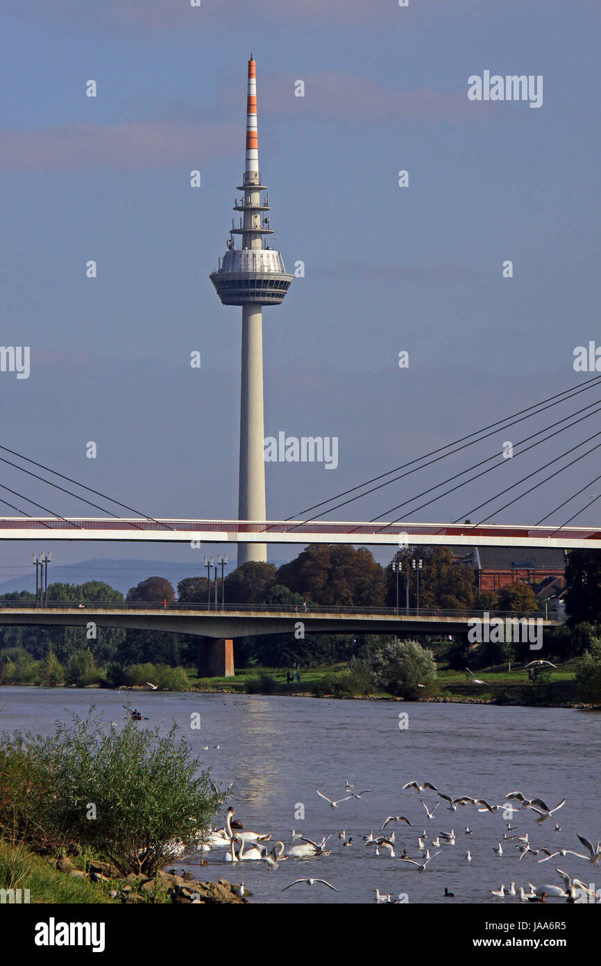 telecommunications tower and neckar in mannheim Stock Photo