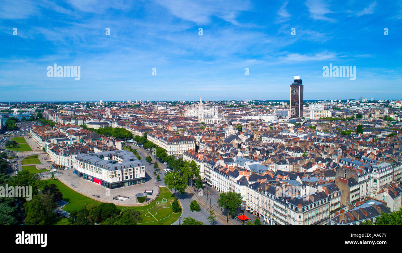 Aerial photo of Nantes city center in Loire Atlantique, France Stock 