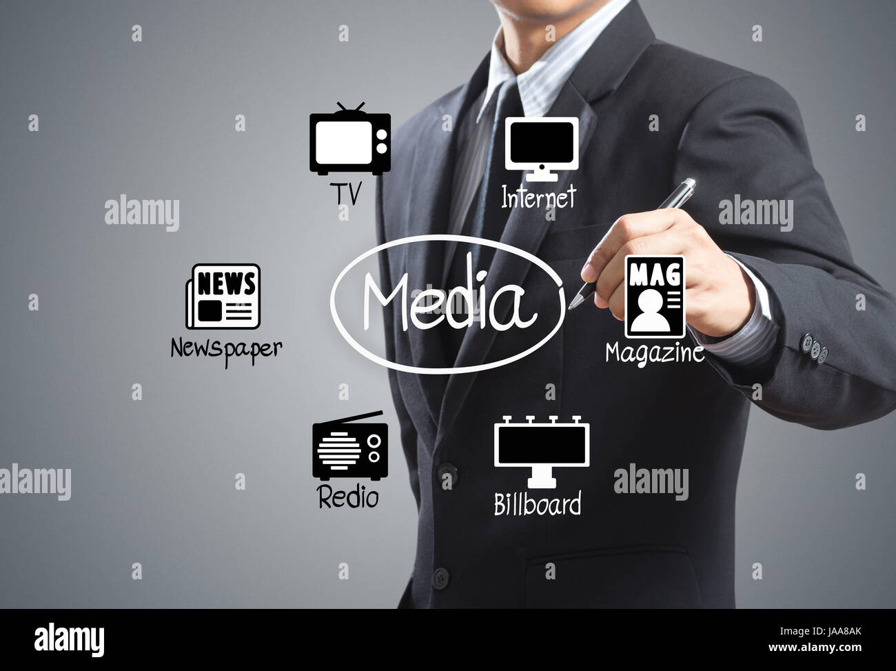 Business man drawing media Icons diagram Stock Photo